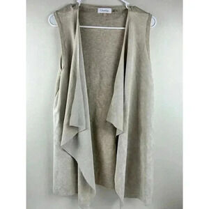 Calvin Klein Sweater Beige Vest Sleeveless Drape Open Front‎ Faux Suede M